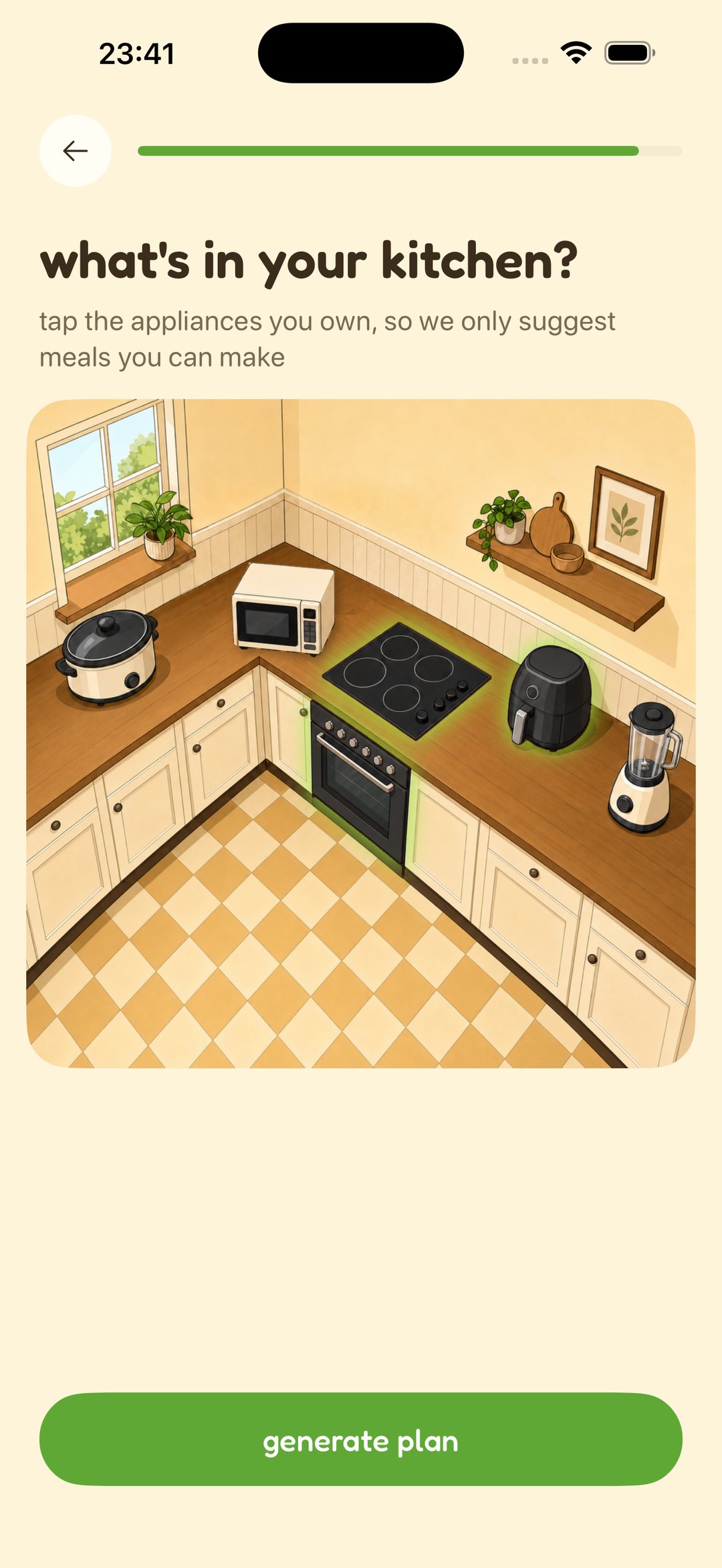 The Bawbee kitchen screen, a drawn kitchen where the cooktop and air fryer are lit up as selected