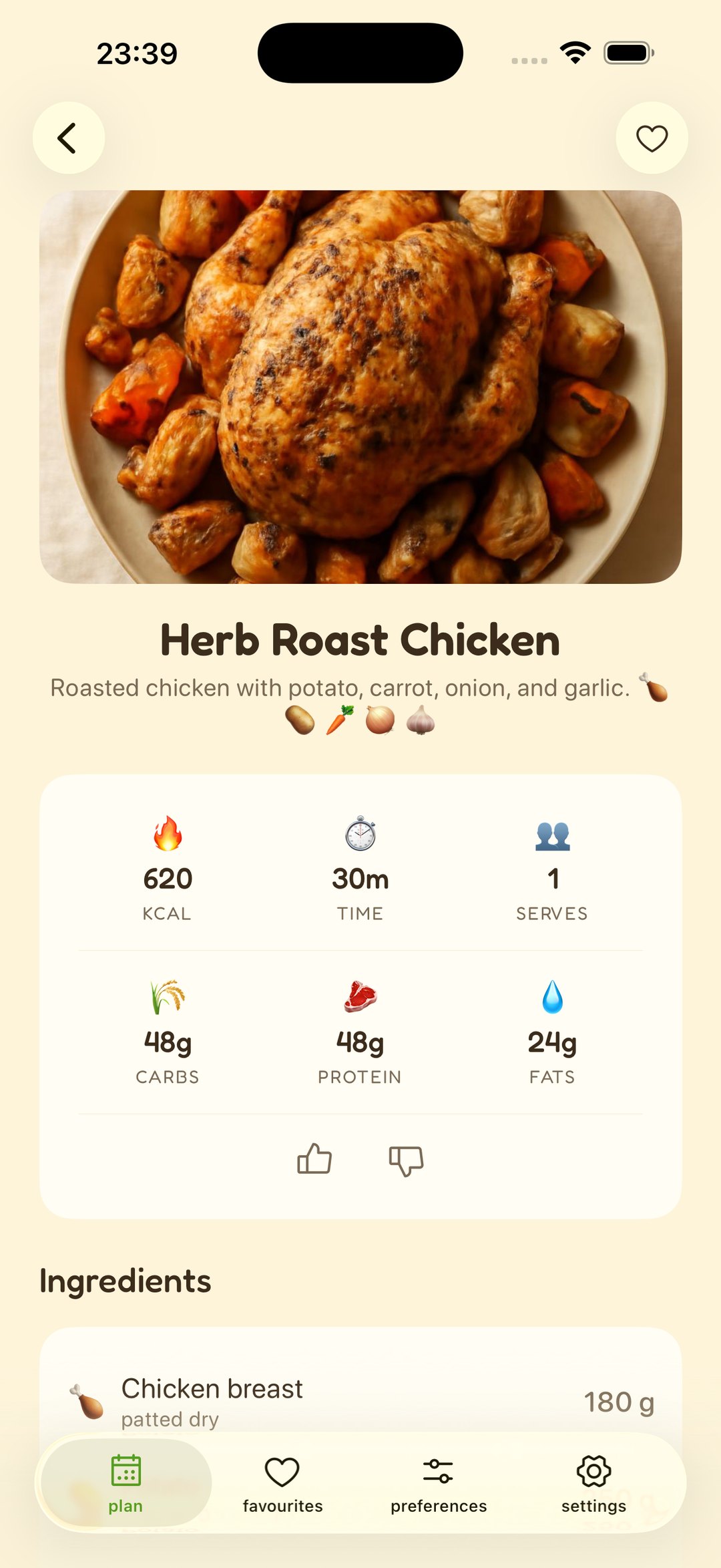 A Bawbee recipe page for herb roast chicken, with calories, time, servings and the ingredient list