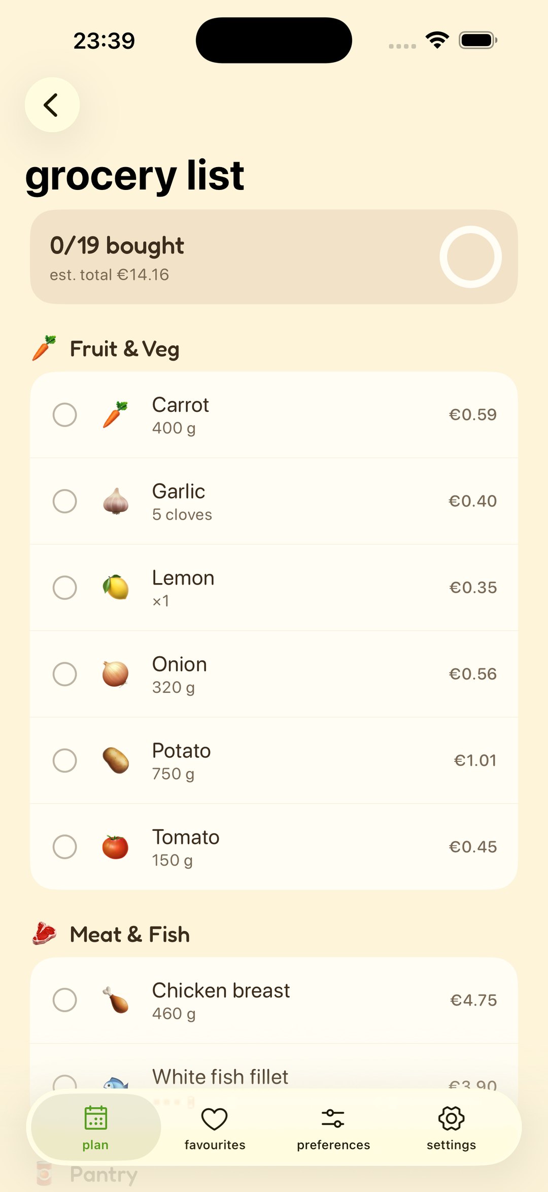 The Bawbee grocery list, grouped into Fruit and Veg and Meat and Fish, each line with a quantity and a price