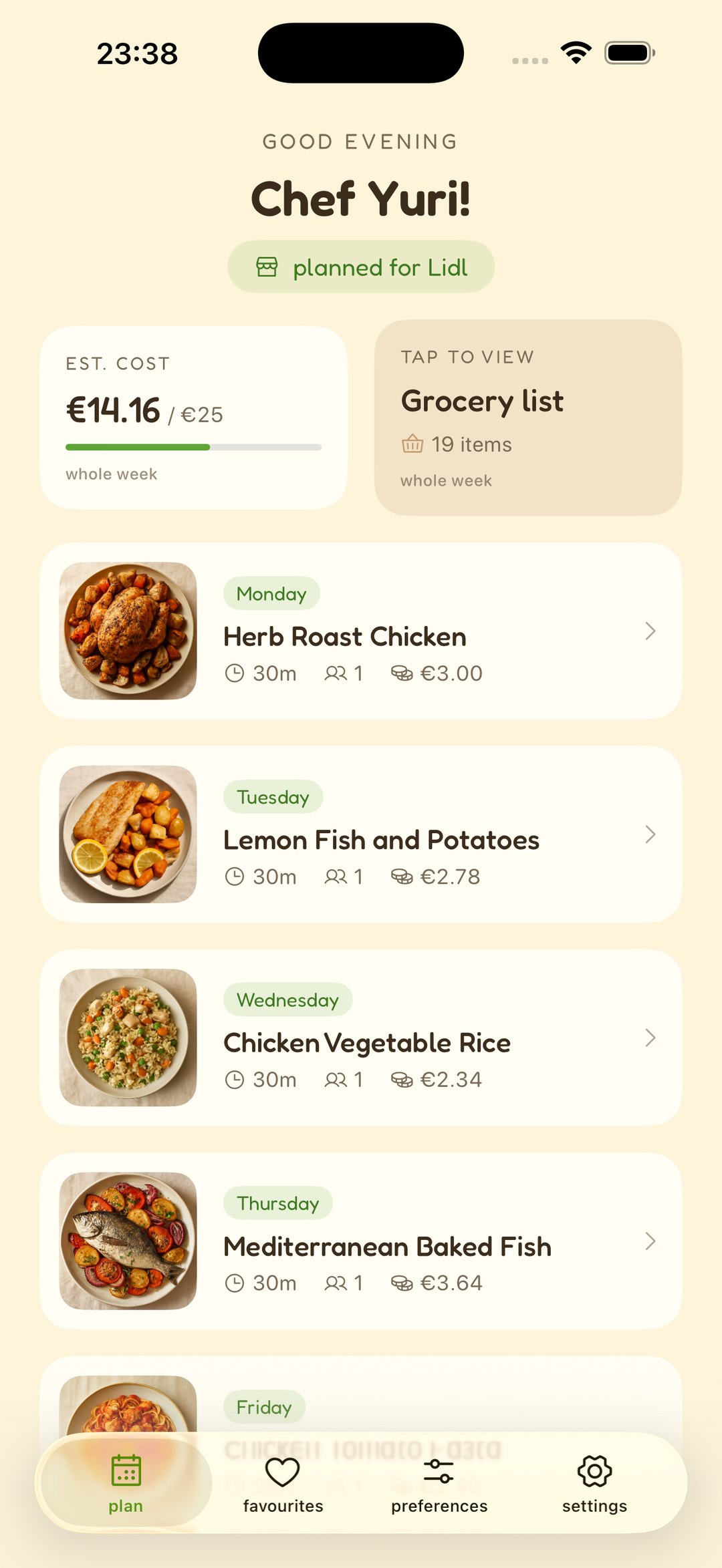 The Bawbee plan screen showing a week of dinners with photos, days and prices